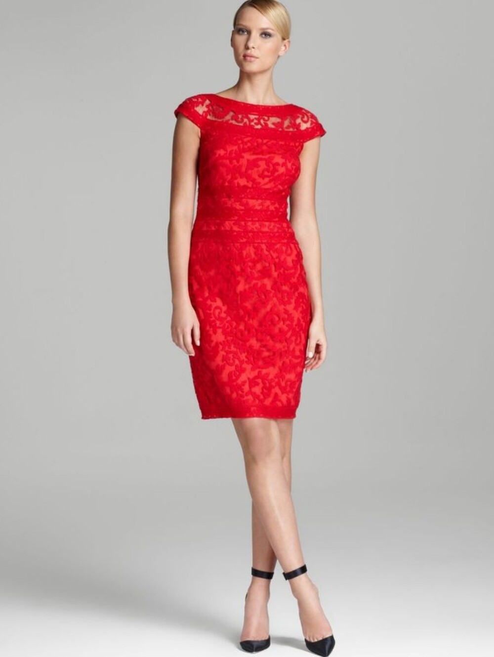 Tadashi Shoji Red Lace Cocktail Dress Cap Sleeve Sz 4 Sheath Knee Length Formal - Picture 2 of 11